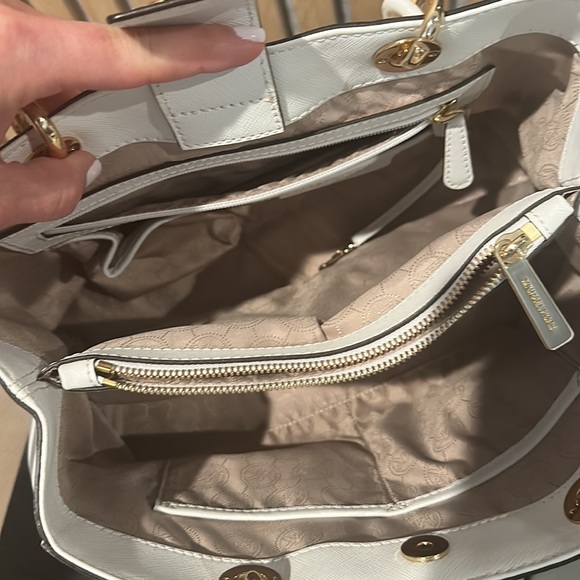 Michael Kors Cynthia Medium Saffiano Leather Satchel, Optic White - Picture 6 of 8